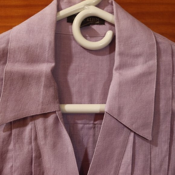 Anne Klein Lavender Button Down Pleated Long Sleeve Feminine Top 100% Linen 10 - Picture 4 of 13